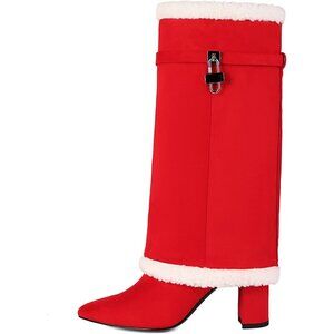 Women's Red Pull On Mid Calf Pointed Toe Chunky Heel Fur Collar Winter Boots